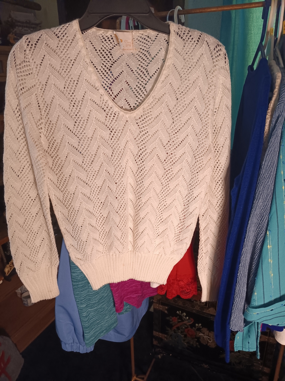 Vintage Light Cream V-Neck Openwork Knit Sweater